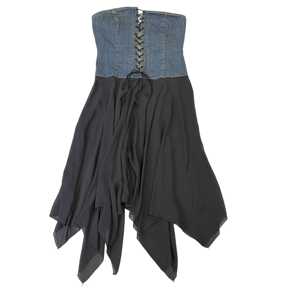 Sole Mio Y2K Denim Corset Top M Lace Up Asymmetrical Sheer Chiffon Whimsigoth - Picture 9 of 14